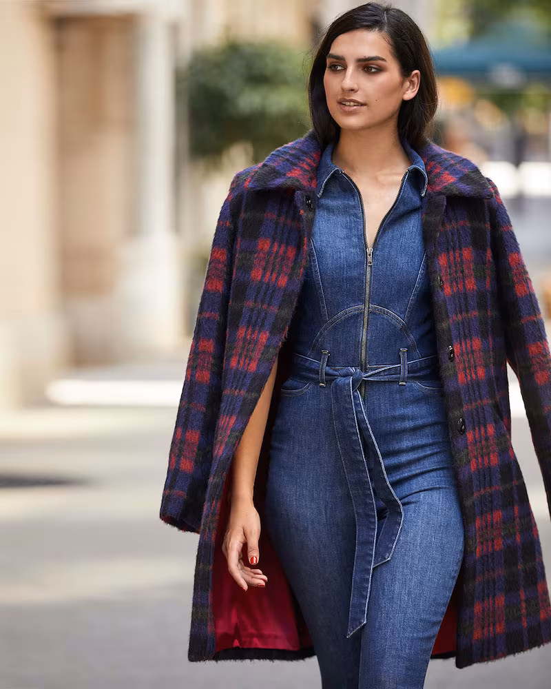 Sofia Cashmere Single-Breasted Plaid Club-Collar Coat