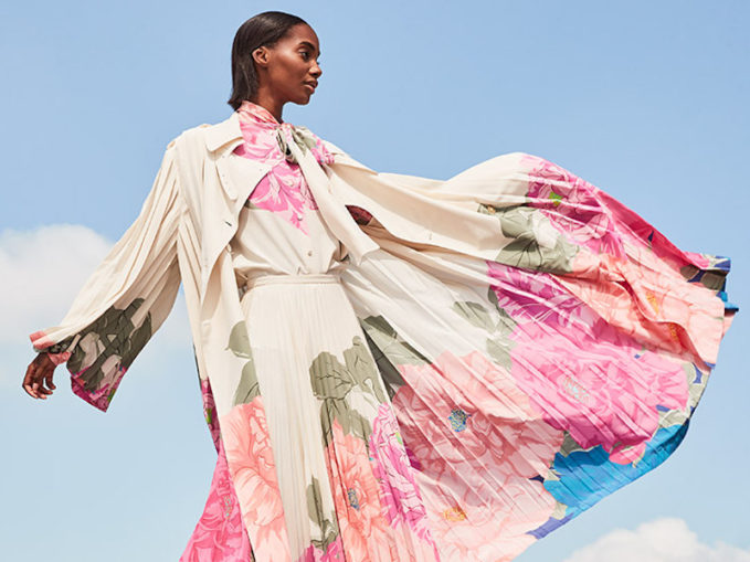 Valentino Floral-Print Pleated Silk Trench Coat