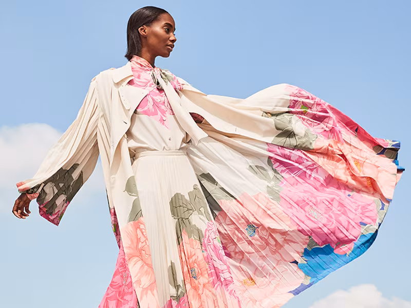 Valentino Floral-Print Pleated Silk Trench Coat