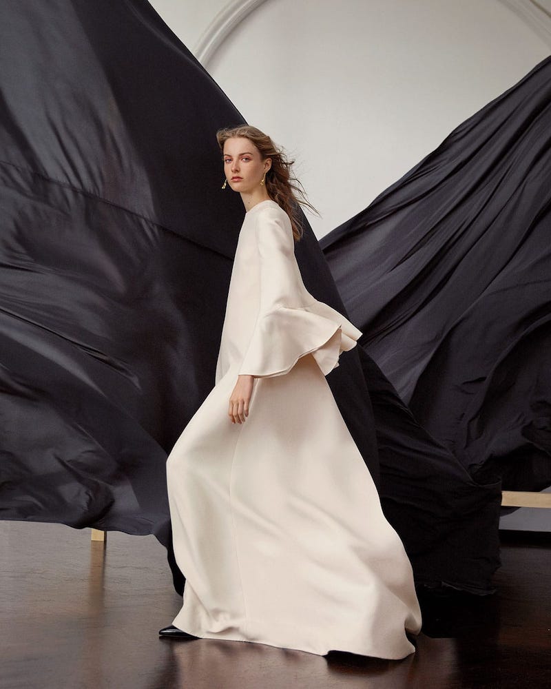 Valentino Trumpet-Sleeve Wool-Blend Gown