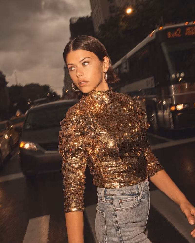 alice + olivia Brenna Sequin Fitted Puff Sleeve Top