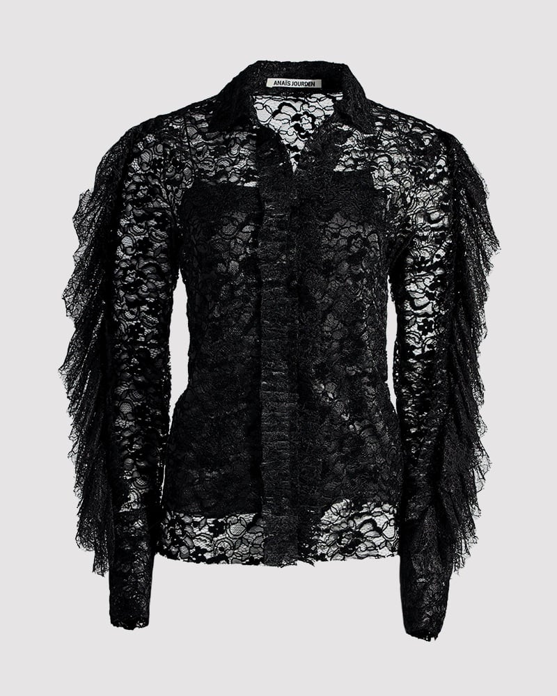 Anais Jourden Black Velvet Lace Shirt with Ruffles