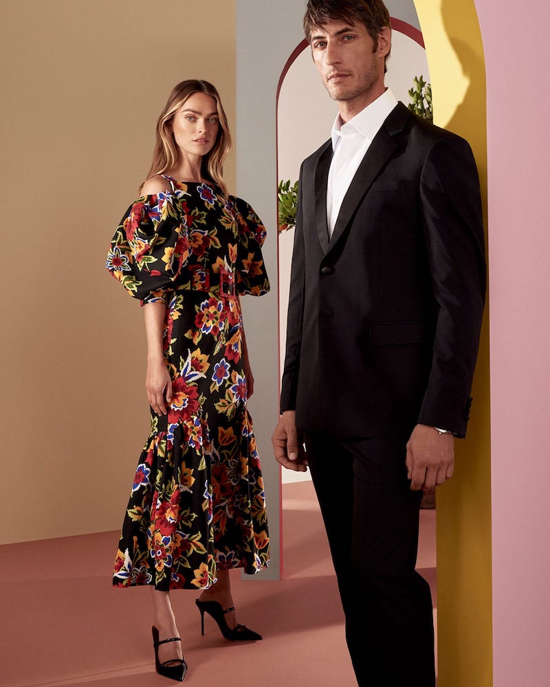 Carolina Herrera Puff-Sleeve Floral-Print Faille Dress