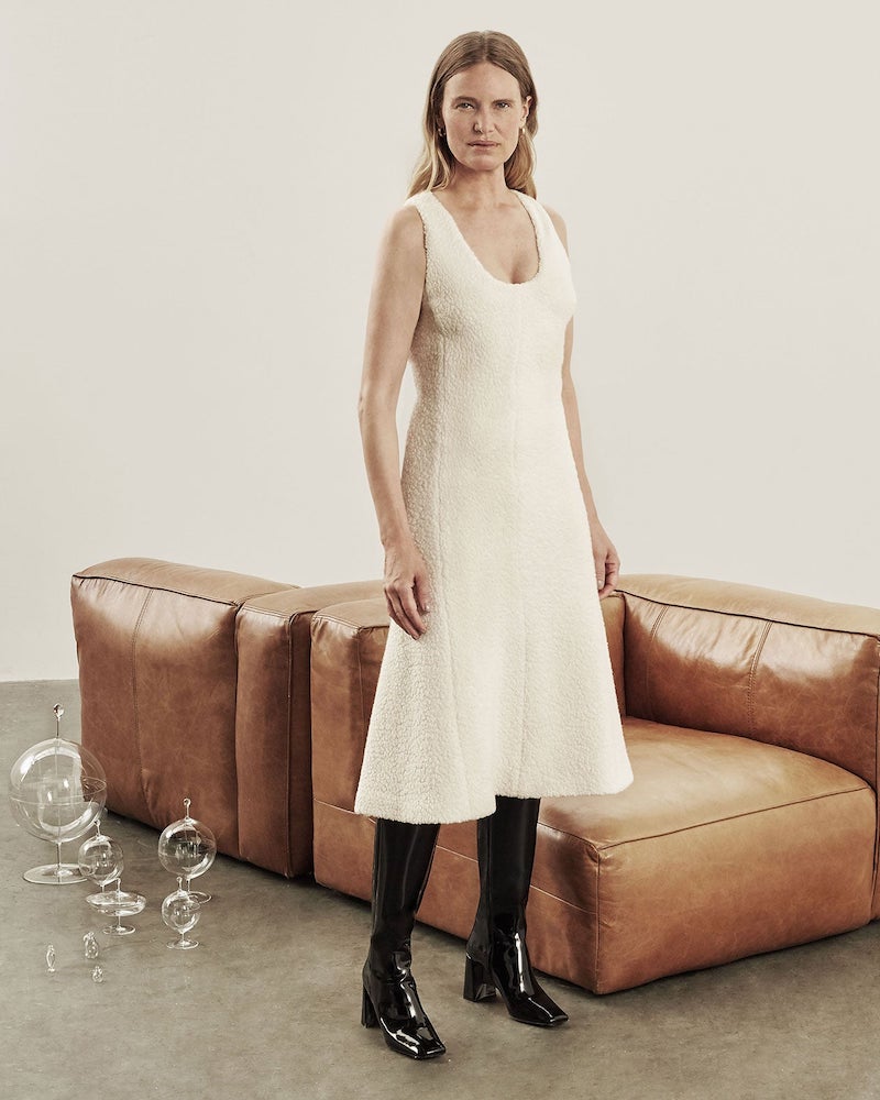 Marina Moscone Scoop-Neck Wool-Blend cloqué Midi Dress
