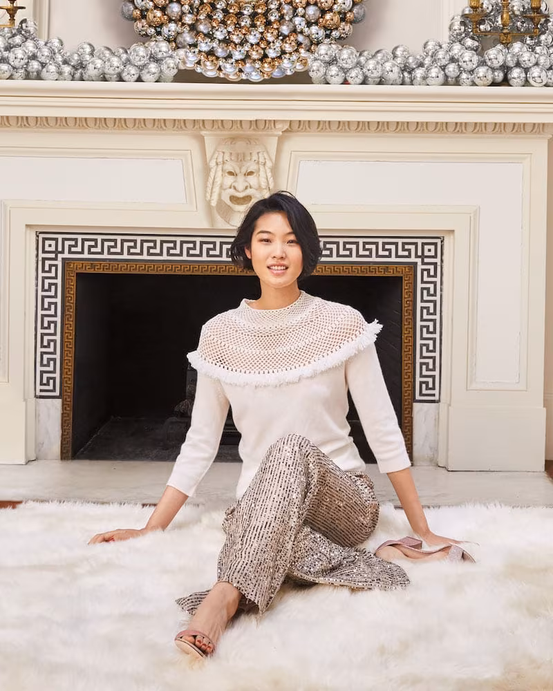 Neiman Marcus Cashmere Collection Crochet Yoke 3:4-Sleeve Mock-Neck Cashmere