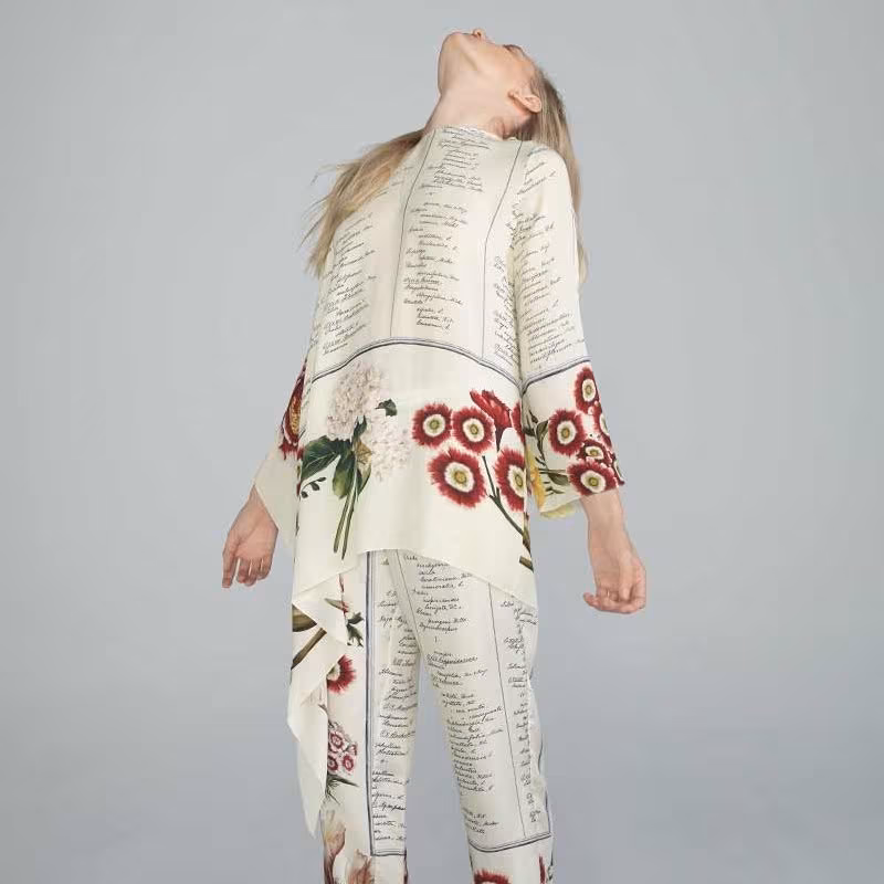 Oscar de la Renta Floral Script Asymmetrical Long-Sleeve Silk Blouse