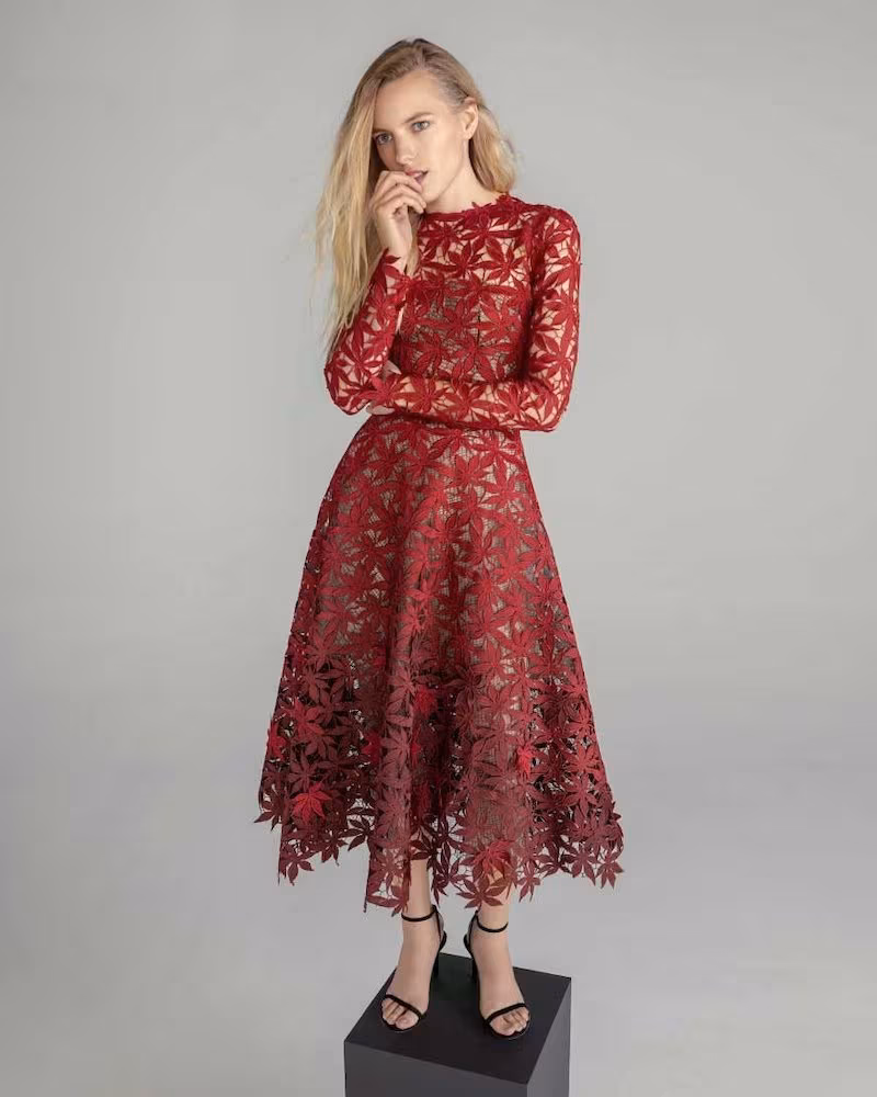 Oscar de la Renta Maple Leaf Embroidered Long Sleeve Midi Dress