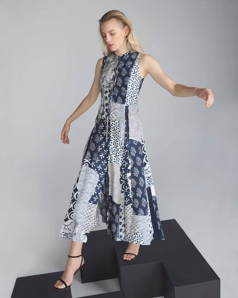 Oscar de la Renta Sleeveless Patchwork Silk Day Dress w/ Back Cutout
