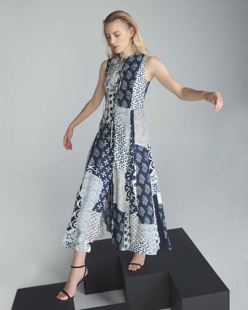 Oscar de la Renta Sleeveless Patchwork Silk Day Dress w/ Back Cutout