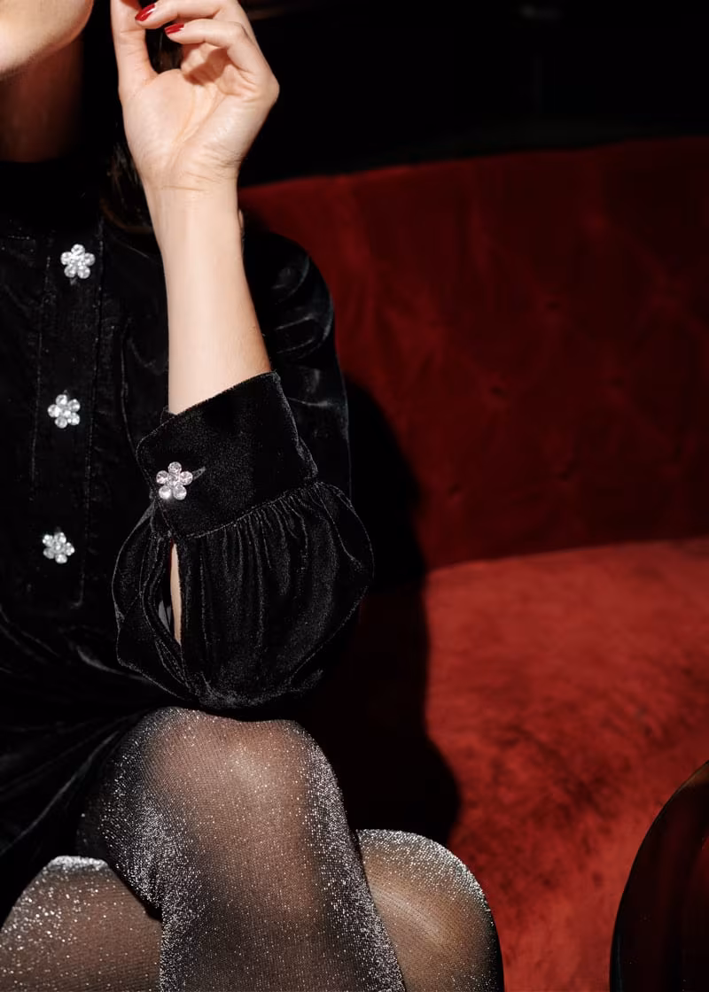& Other Stories Velvet Floral Crystal Button Mini Dress