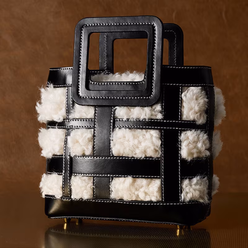STAUD Staud Shirley Woven Faux Shearling and Leather Tote