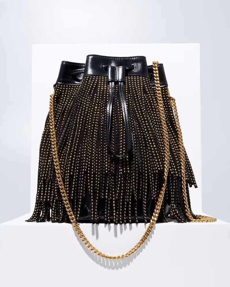 Saint Laurent Talitha Small YSL Monogram North/South Fringe Bucket Bag