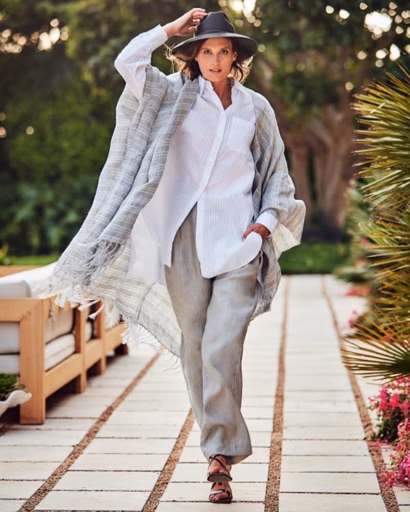 Brunello Cucinelli Fringed Metallic-Striped Linen Poncho