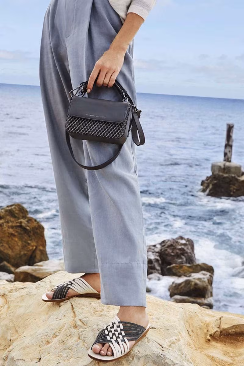 Brunello Cucinelli Monili and Leather Woven Slide Sandals