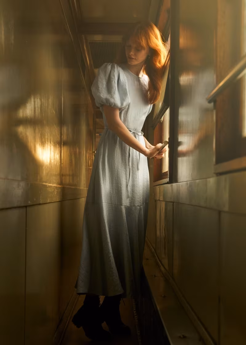 & Other Stories Metallic Crepe Puff Sleeve Midi Dress