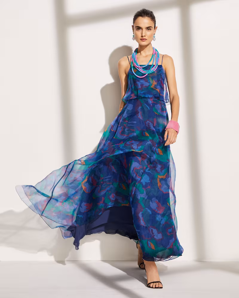 Emporio Armani Square-Neck Floral Print Chiffon Long Dress
