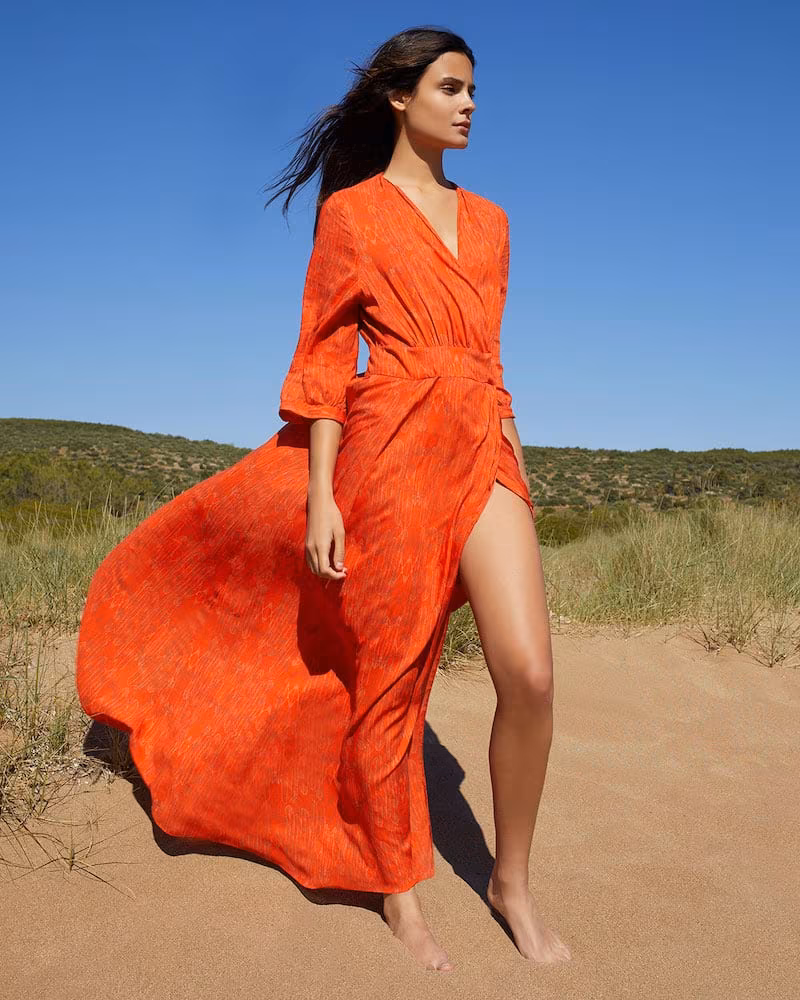 Hansine Athena Feather-Print Wrap Coverup Dress