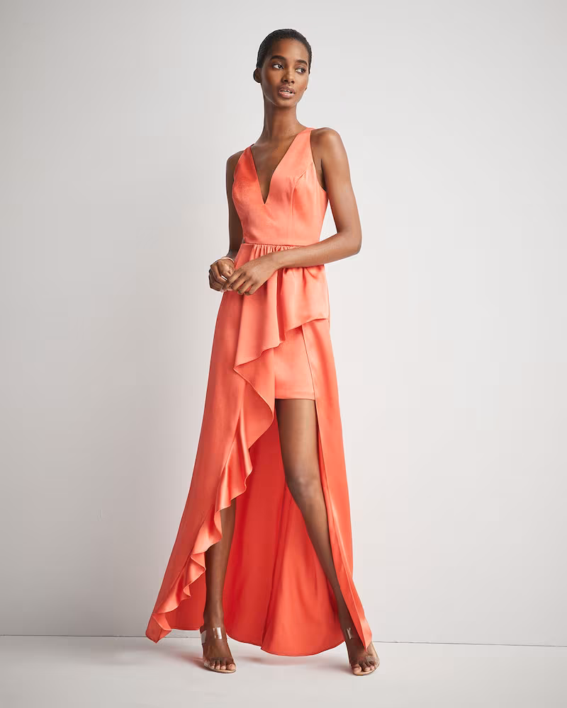 Aidan by Aidan Mattox Sleeveless Cutout High-Low Satin Flounce Gown