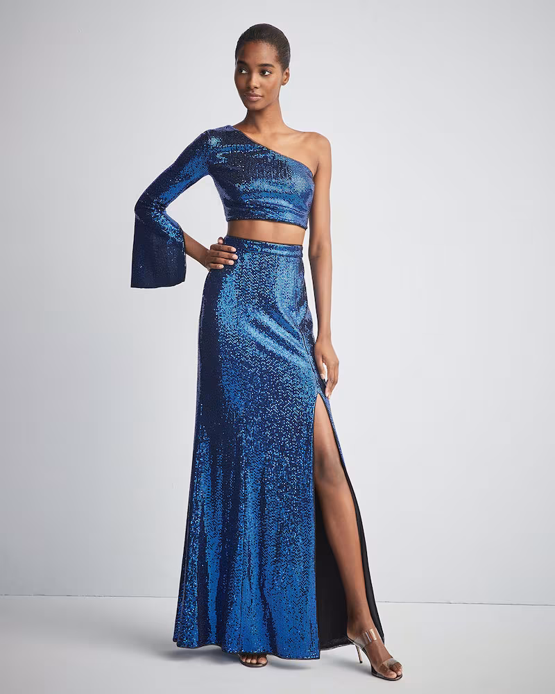 Aidan by Aidan Mattox Two-Piece Metallic Dot One-Shoulder Crop Top & Mermaid Skirt Set