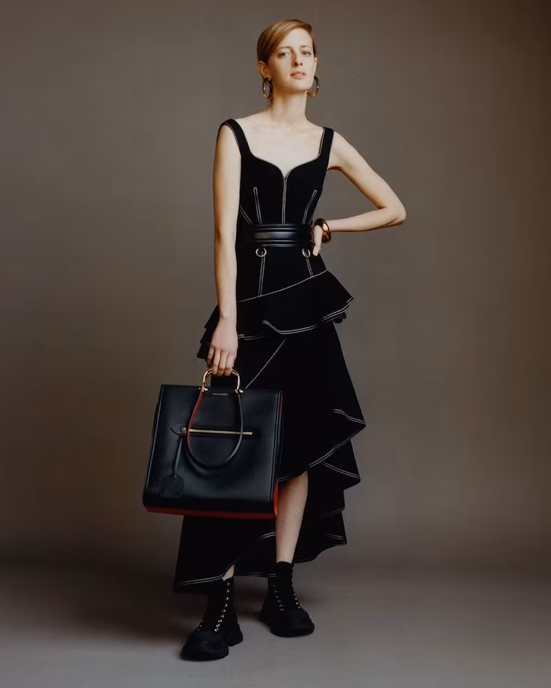 Alexander McQueen Asymmetric Topstitched Cotton-Denim Dress