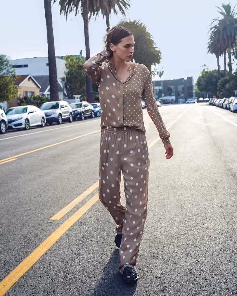 Elie Tahari Nina Mixed-Dot Long-Sleeve Tie-Neck Shirt