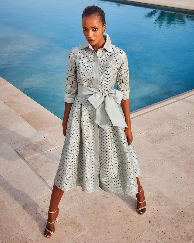Rickie Freeman for Teri Jon Zigzag Eyelet Belted Shirtdress