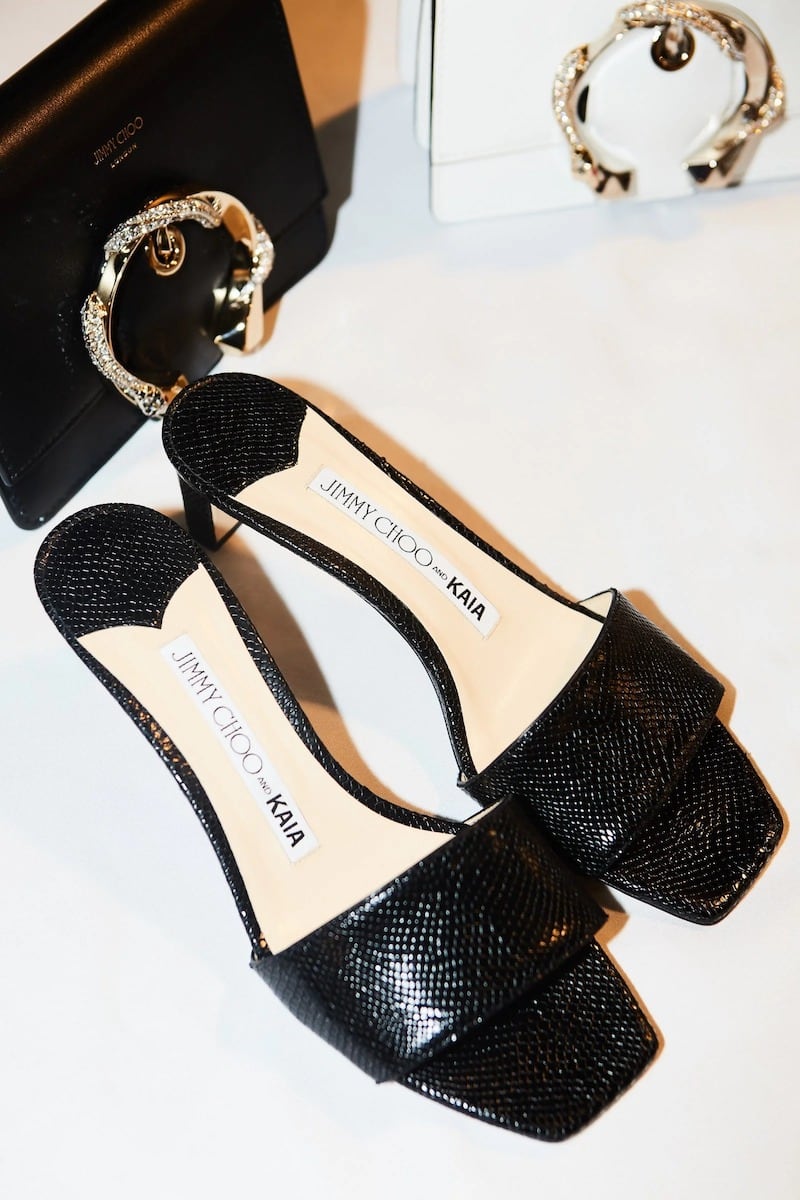 JIMMY CHOO and KAIA K-SLIDE 50 Black Snake-Embossed Leather Sandals
