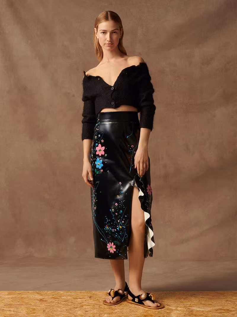 Miu Miu Ruffled Painted Faux Patent-Leather Midi Skirt