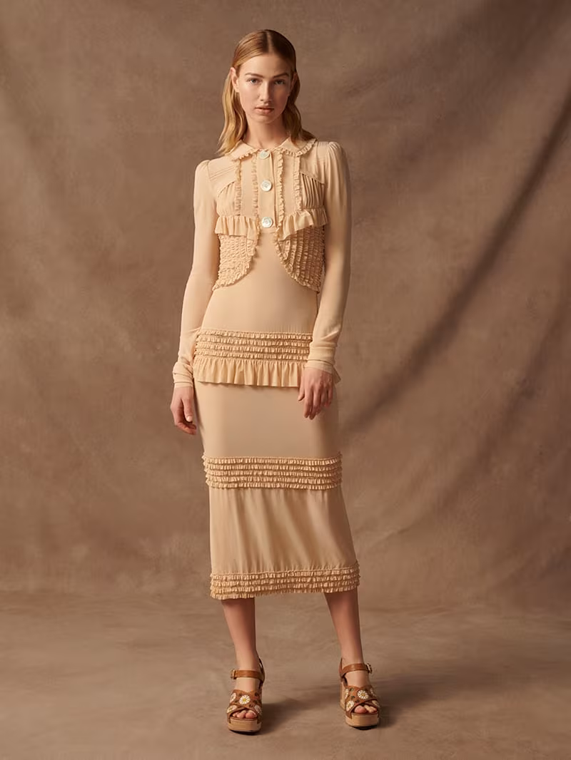 Miu Miu Ruffled Stretch-Silk Crepe De Chine Midi Dress
