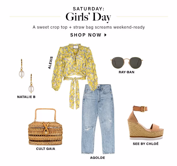 Saturday: Girls' Day. A sweet crop top + straw bag screams weekend-ready. SHOP NOW