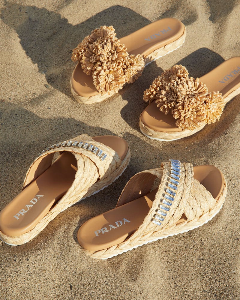 Prada Flat Jeweled Raffia Slide Sandals