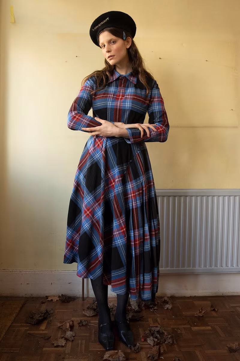 Charles Jeffrey LOVERBOY Asymmetric Pleated Tartan-Seersucker Midi Dress