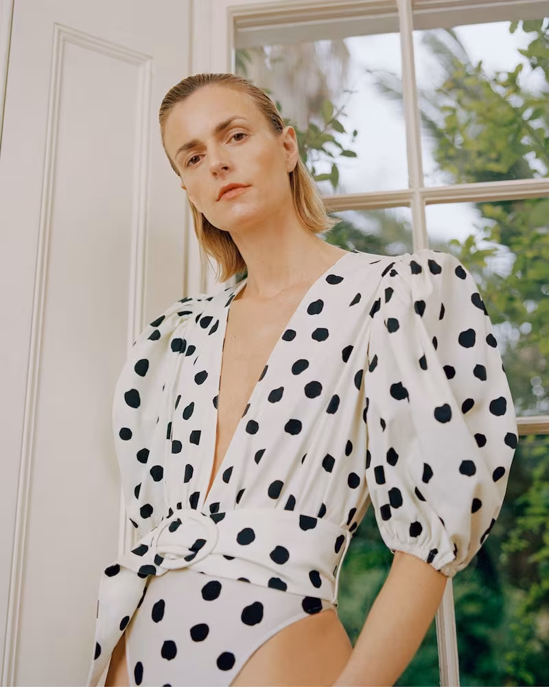 Adriana Degreas Puffed-Sleeve Polka-Dot Cotton-Blend Bodysuit