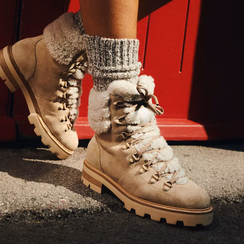 JIMMY CHOO ESHE Flat Shearling Stucco Suede Hiking Boots With Natural Shearling Collar