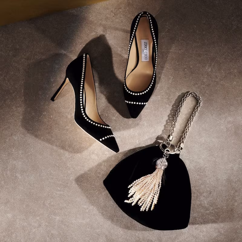 JIMMY CHOO ROMY 85 Black Suede Pointy Toe Pumps With Pearl Detailing