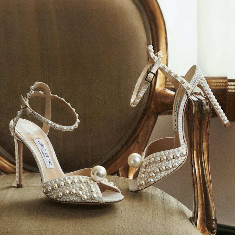 JIMMY CHOO SACORA 100 White Satin Sandals With All Over Pearls