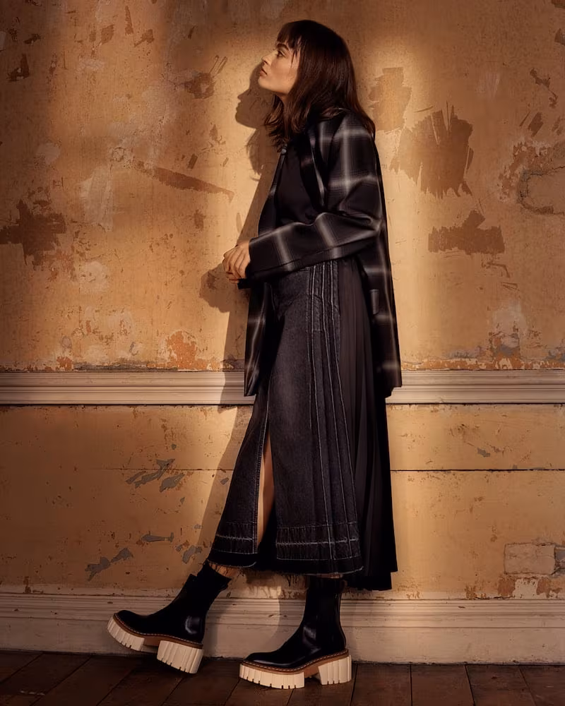 Sacai Pleated Denim and Chiffon Midi Skirt
