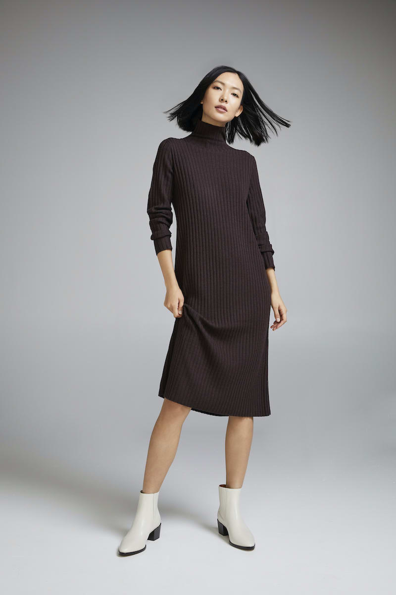 Eileen Fisher Straight Scrunch-Neck Long Sleeve Ribbed Dress