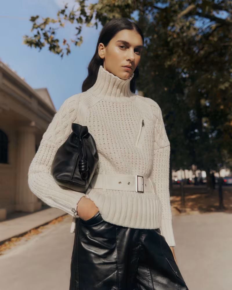 Sacai Belted Felt-Paneled Cable-Knit Wool Sweater