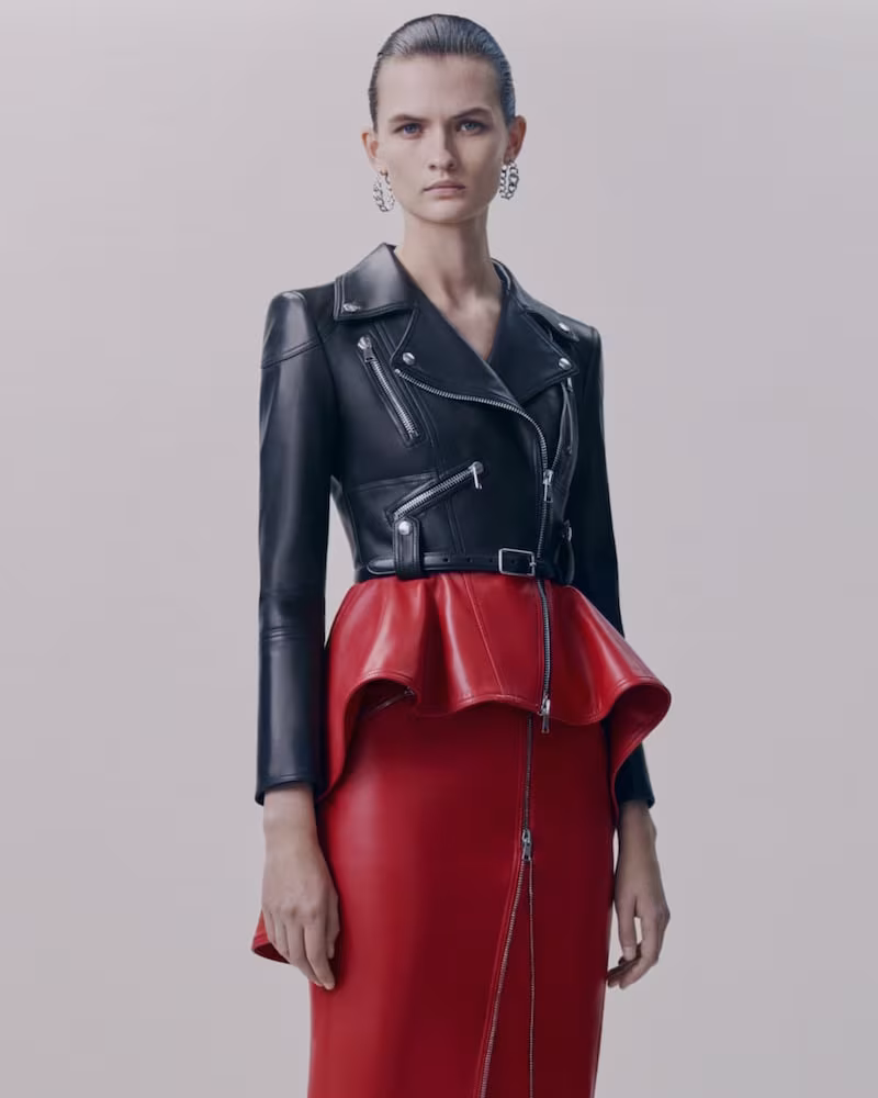 Alexander McQueen Two-Tone Leather Peplum Biker Jacket