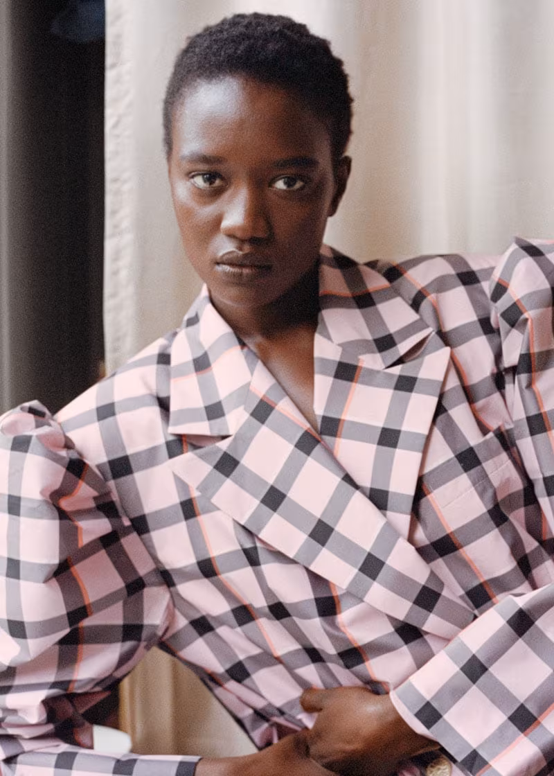 & Other Stories Oversized Double Breasted Padded Shoulder Blazer in Pink Checks