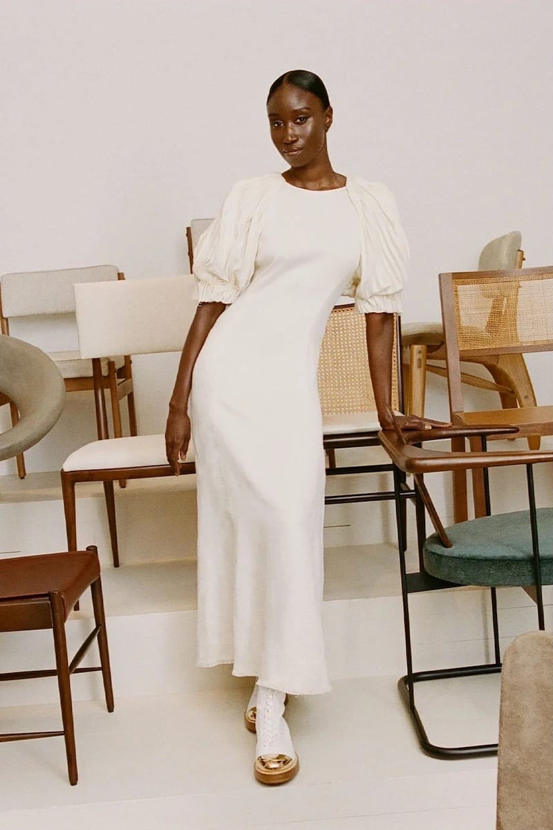 Gabriela Hearst Puga Puff-Sleeve Linen-plissé Midi Dress