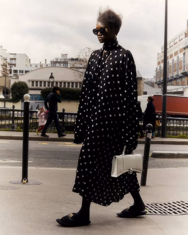 Balenciaga Tie-Neck Polka-Dot Ribbed Dress