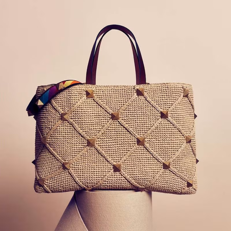 Valentino Garavani Roman Stud Large Raffia Tote