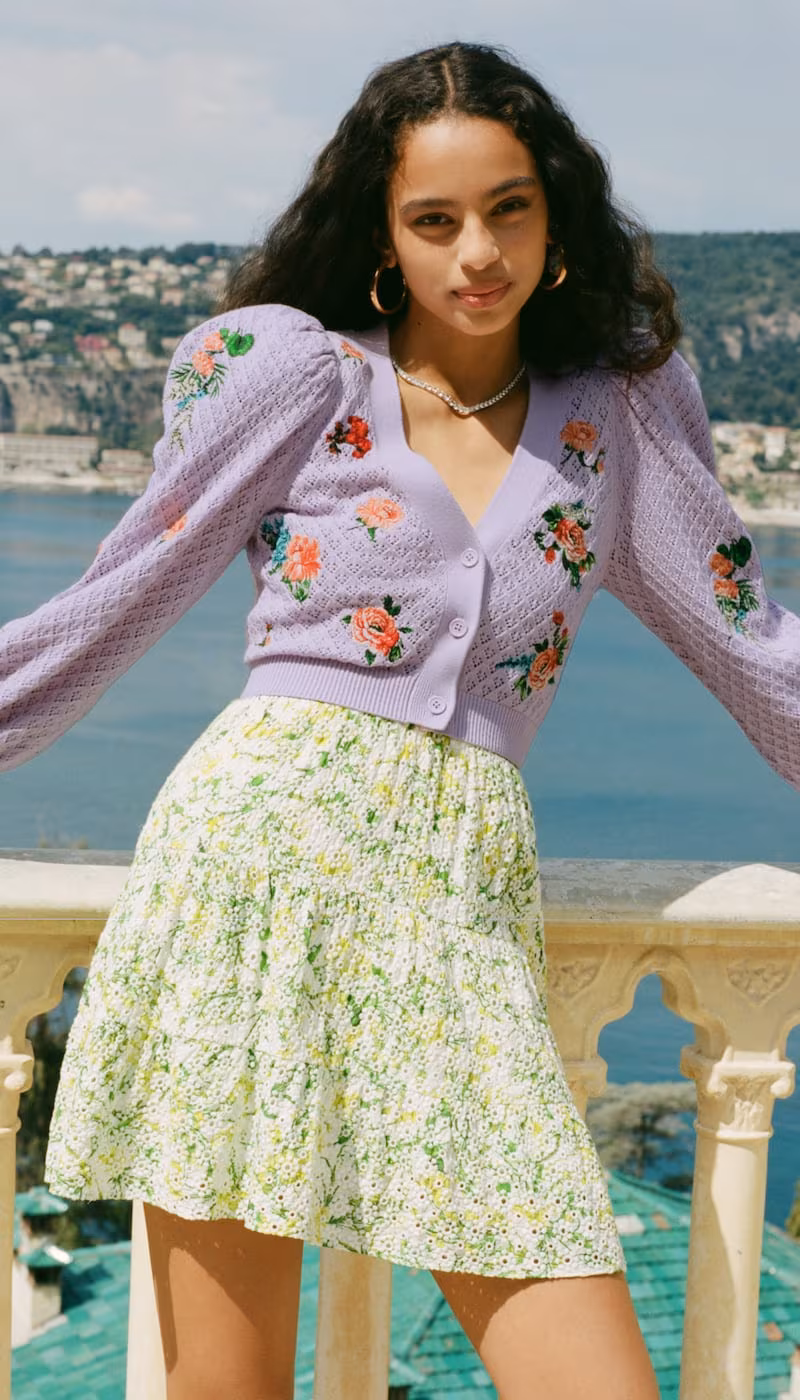 alice + olivia Morita Floral Puff Sleeve Cardigan