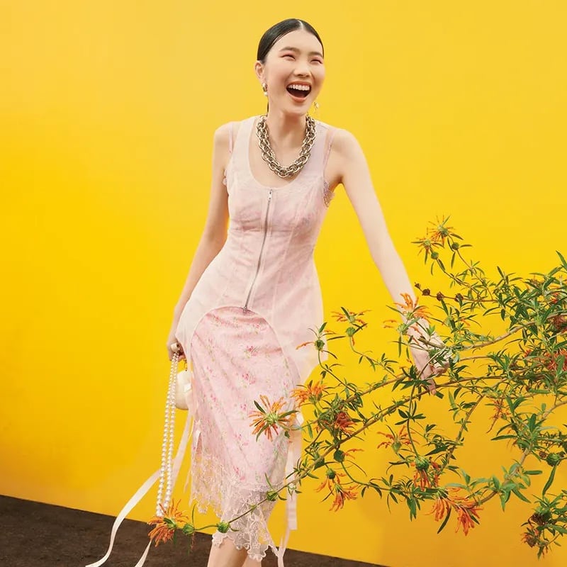 Simone Rocha Floral Print Lace Trim Slip Dress