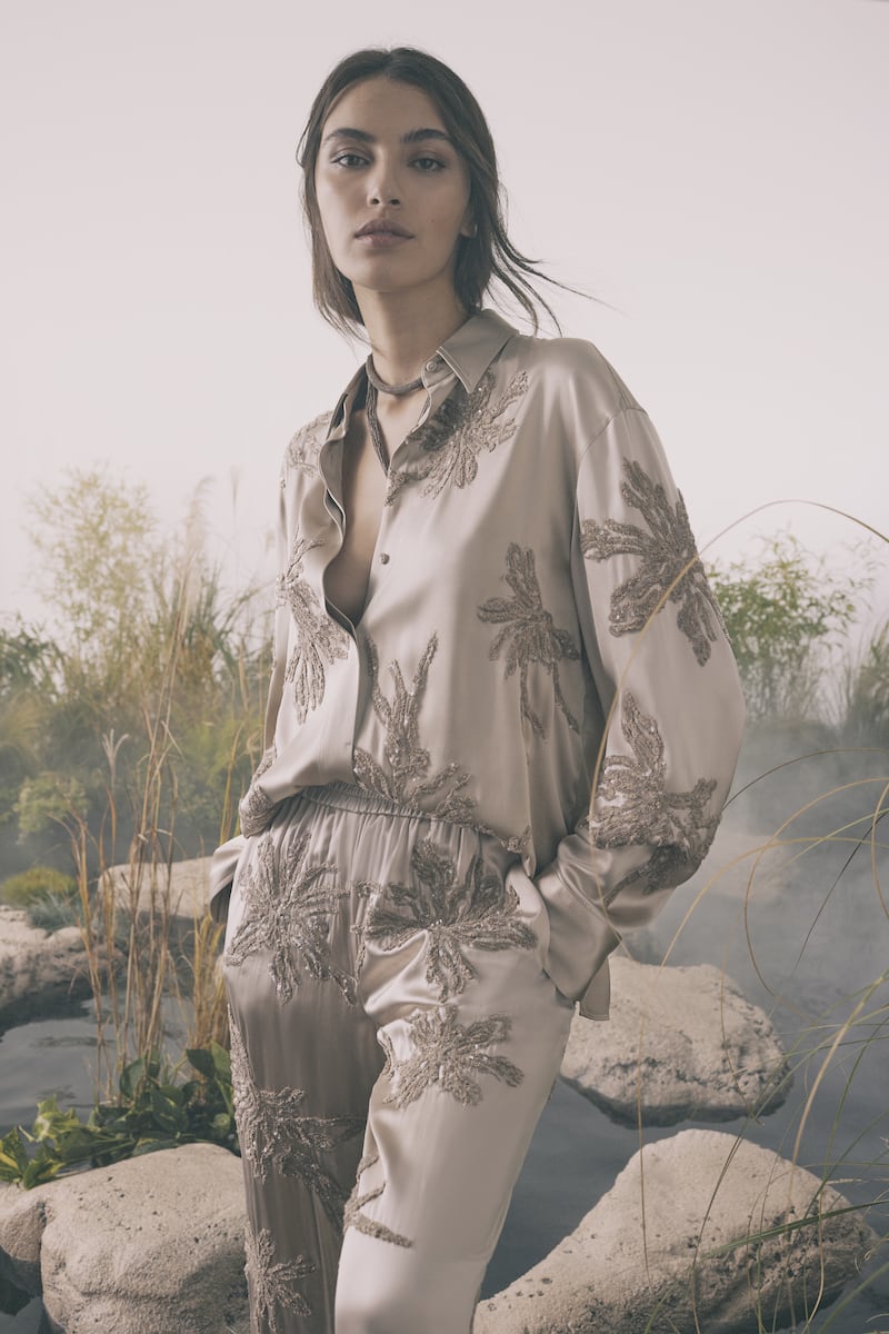 Brunello Cucinelli Silk Button-Front Blouse With Marine Botanical Embroidery