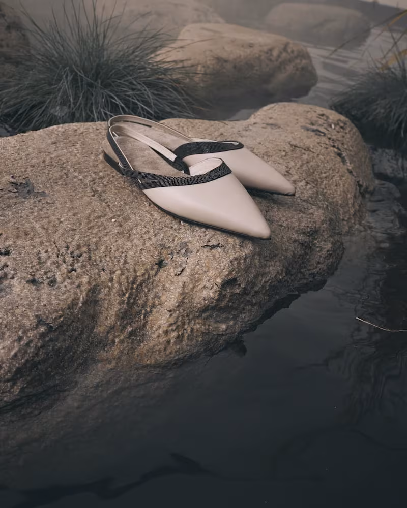 Brunello Cucinelli Monili Suede Pointed-Toe Slingback Ballerina Flats