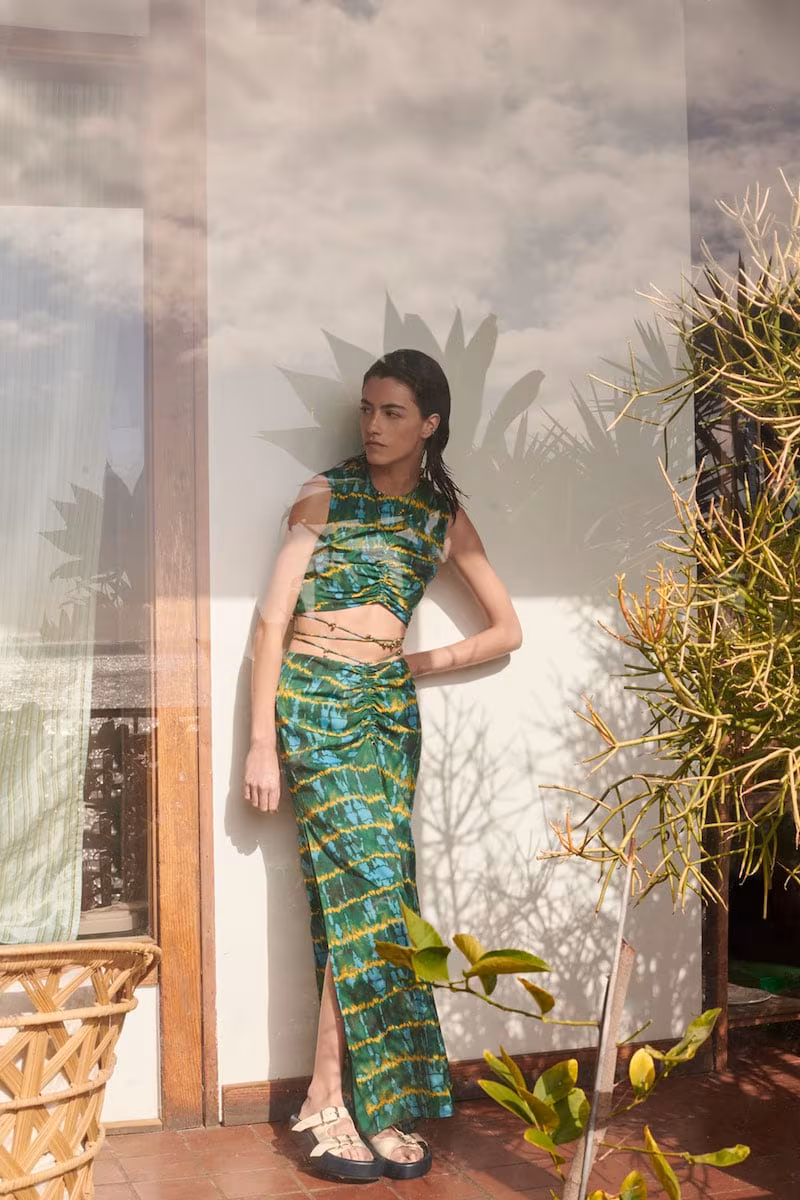 Altuzarra Safia Ruched Waist-Tie Side-Slits Tie-Dye Maxi Skirt