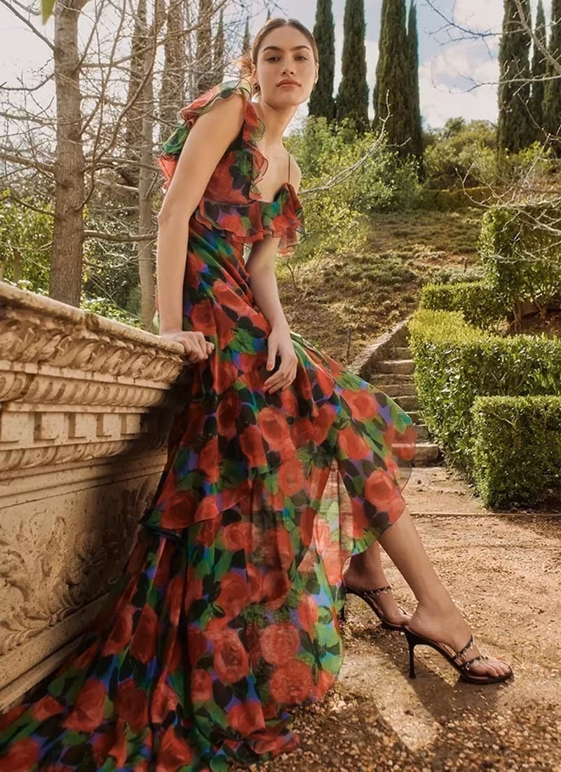 Carolina Herrera Rose Print Ruffle One Shoulder Silk Gown